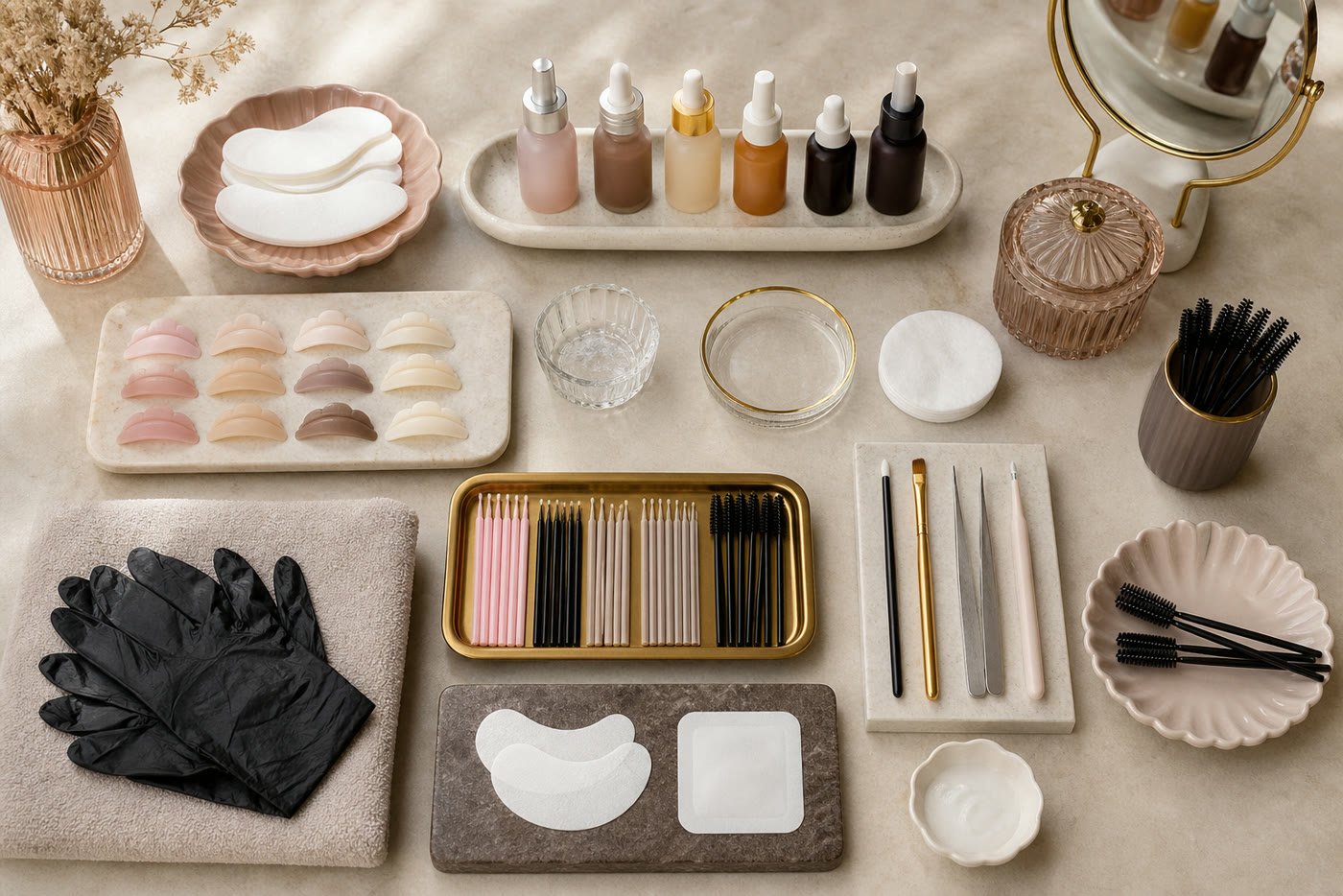 Materiales organizados para realizar lifting de pestañas y laminado de cejas